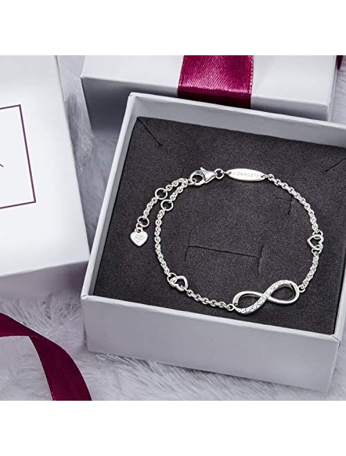 ELEGANZIA Infinity Bracelet for Women Girls Sterling Silver Jewelry Cubic Zirconia, Adjustable Bracelet with Love Heart Charm Bracelet