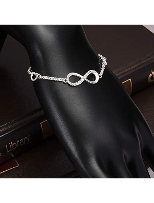 ELEGANZIA Infinity Bracelet for Women Girls Sterling Silver Jewelry Cubic Zirconia, Adjustable Bracelet with Love Heart Charm Bracelet