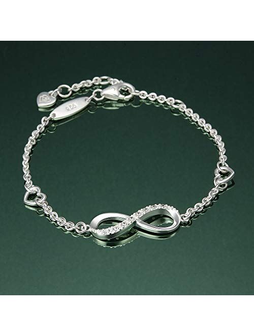 ELEGANZIA Infinity Bracelet for Women Girls Sterling Silver Jewelry Cubic Zirconia, Adjustable Bracelet with Love Heart Charm Bracelet