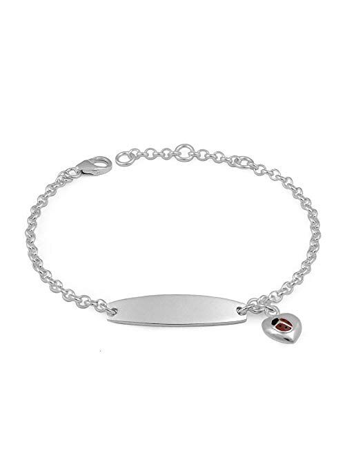 Sterling Silver Ladybug Heart Charm ID Bracelet For Girls (5 1/2-6 1/2 in)