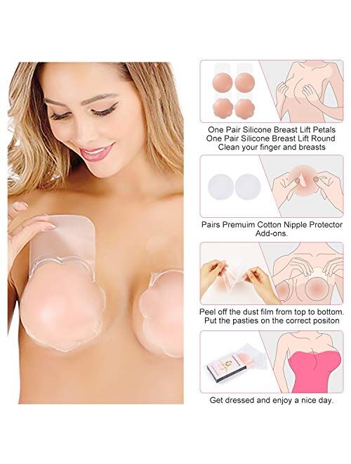 Breast Lift Petal Pasties,Invisible Sticky Push Up Silicone Pasties Bra,Adhesive Breast Lift Pasties Nipple Covers for Women