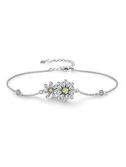 Grecia Sterling Sliver Daisy Bracelet for Women Two Daisies with 5A Cubic Zirconia Adjustable Chain Bracelet, Jewelry Gifts for Girls, for Christmas