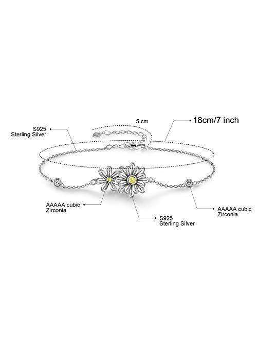 Grecia Sterling Sliver Daisy Bracelet for Women Two Daisies with 5A Cubic Zirconia Adjustable Chain Bracelet, Jewelry Gifts for Girls, for Christmas