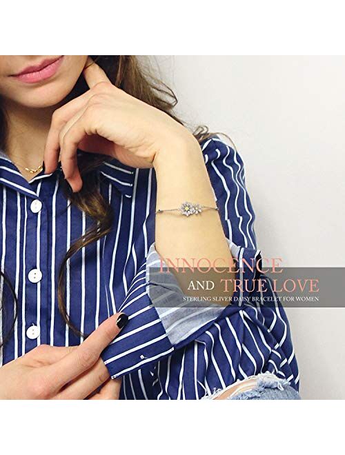 Grecia Sterling Sliver Daisy Bracelet for Women Two Daisies with 5A Cubic Zirconia Adjustable Chain Bracelet, Jewelry Gifts for Girls, for Christmas