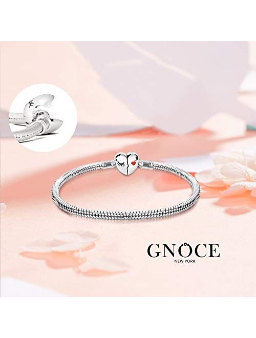 GNOCE Charm Bracelet Sterling Silver Snake Chain Love Your Smile Basic Charm Bracelet DIY Bangle with Heart Shaped Clasp