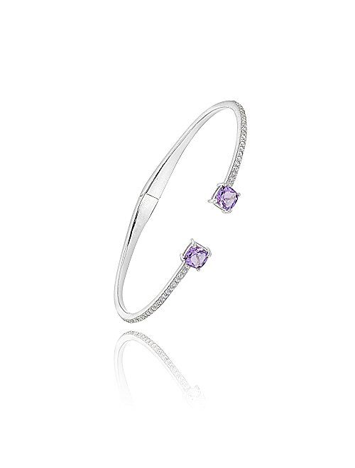 Sterling Silver Genuine and Created Gemstone & Synthetic White Sapphire Cushion-Cut Dainty Cuff Bangle Bracelet