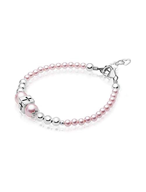 Baby Crystals Delicate Baptism Peal Bracelet for Girls, Sterling Silver Cross Charm Baptism Gifts for Girl with Pink simulated Pearls from Swarovski, Girls Jewelry
