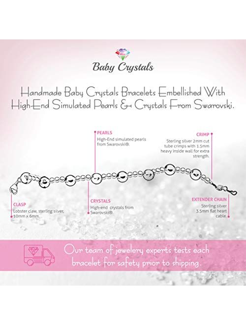 Baby Crystals Delicate Baptism Peal Bracelet for Girls, Sterling Silver Cross Charm Baptism Gifts for Girl with Pink simulated Pearls from Swarovski, Girls Jewelry