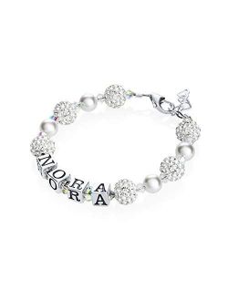 Custom Name Personalized Sterling Silver with White Crystal and Simulated Pearls Newborn Bracelet (B107_W_S)