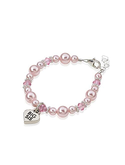 Crystal Dream Elegant Big Sister Heart Silver Charm with Pink Swarovski Simulated Pearls Keepsake Child Girl Bracelet (BBSM)