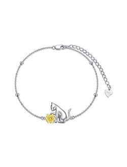 AOBOCO Cat Bracelet for Girls 925 Sterling Silver Cat Pendant Adjustable Link Bracelet Birthday Jewelry Gifts for Cat Lover