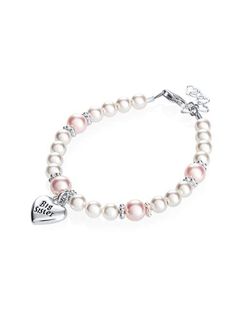 Crystal Dream Luxury Pink White Simulated Simulated Pearls Sterling Silver Big Sister Charm Keepsake Baby Girl Bracelet (BBSC)