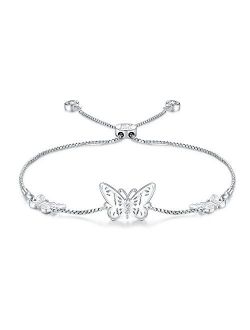NINAMAID Silver Butterfly Charms Expandable Bolo Bracelet with Sparkling Cubic Zirconia Adjustable White Gold Plated Women Girl Jewelry Gift