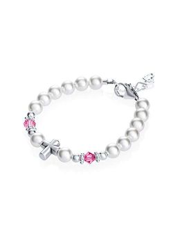 Baptism Sterling Silver Cross Bead with Swarovski White Simulated Pearls Pink Crystals Baby Bracelet (BSCHP_M+)