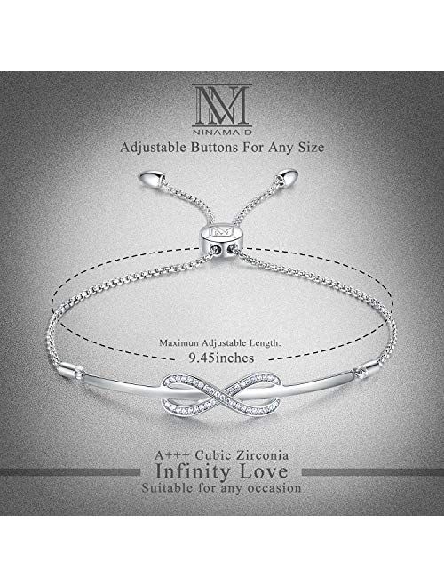 NINAMAID Silver Infinity Endless Love Bracelet for Women Girl Jewelry Gift with Sparking Crystal Bangle Bracelets for Friendship/Sister/Mother/Daughter