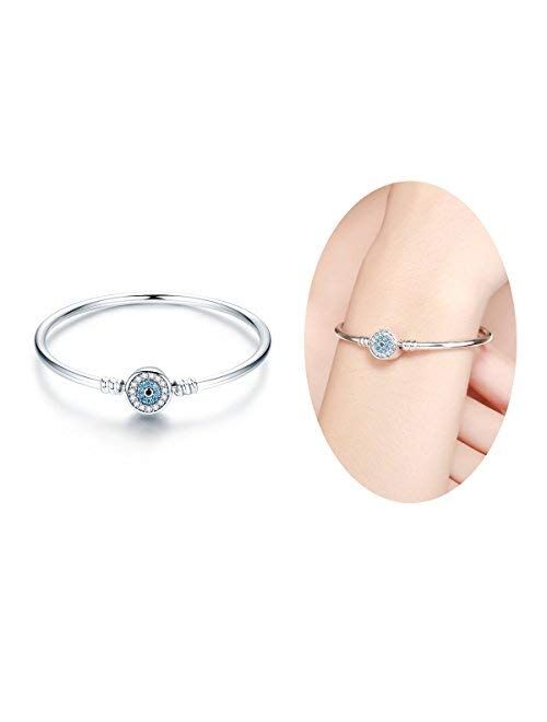 BISAER Evil Eye Bracelet Sterling Silver Clasp Charm Bangle Bracelet for Bead Charms with Sapphire Gemstones Evil Eye Clip Lock Stopper(17/19cm/ 21cm)