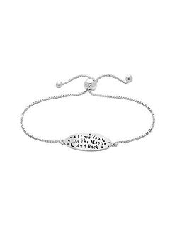 PORI JEWELERS 925 Sterling Silver I Love You to The Moon and Back Inspirational Quote Adjustable Charm Bracelet - Yellow or Silver