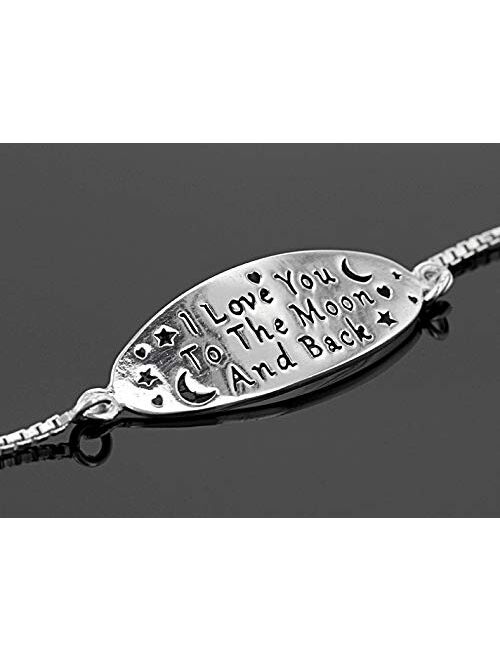 PORI JEWELERS 925 Sterling Silver I Love You to The Moon and Back Inspirational Quote Adjustable Charm Bracelet - Yellow or Silver