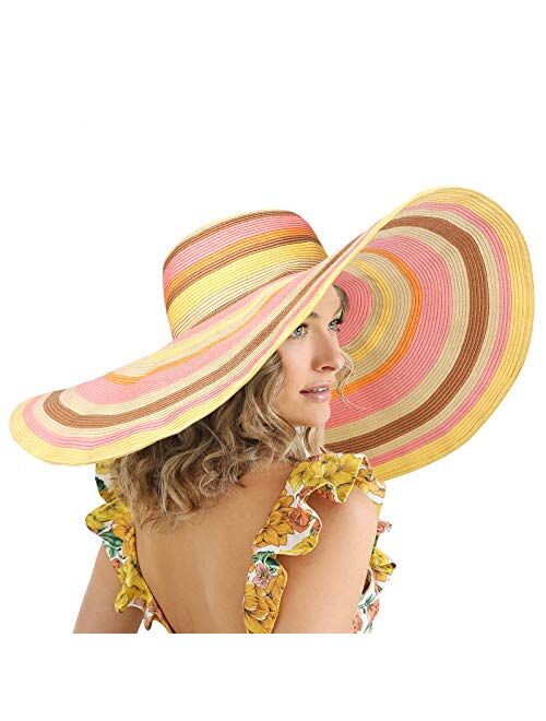 FEMSÉE Oversized Rainbow Beach Hats for Women - Wide Brim Sun Hats Roll-up Foldable Floppy Paper Straw Summer Hat
