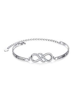 925 Sterling Silver Infinity Inspirational Bracelet With Message"Always My Sister, Forever My Friend", Adjustable Sisters Bracelets Friendship Jewelry for Women Girls