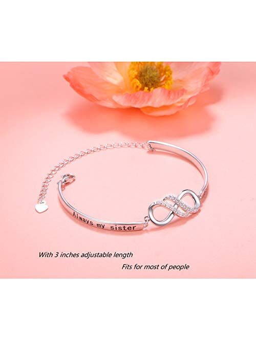 925 Sterling Silver Infinity Inspirational Bracelet With Message"Always My Sister, Forever My Friend", Adjustable Sisters Bracelets Friendship Jewelry for Women Girls