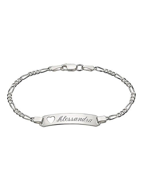 Personalized Sterling Silver Figaro Link Girls Heart ID Bracelet Custom Engraved Free - 7" Length - Ships from USA