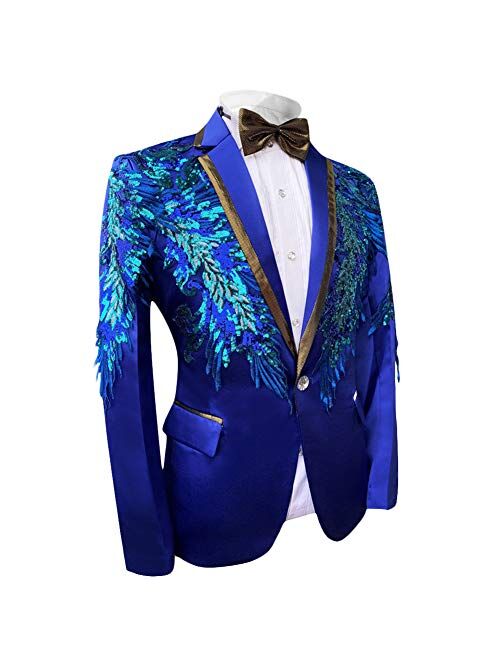 Mens 2 Piece Sequin Slim Fit Dress Suit One Button Floral Dinner Jacket & Pants