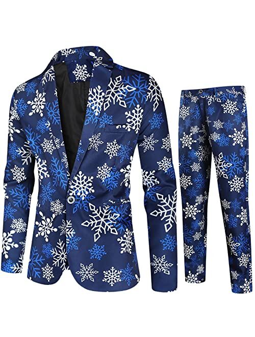 Christmas 2 Pieces Blazer Suits Funny Xmas Party Wedding Outfit Mens 2 Piece Slim Fit Suit Set One Button Suit Jackets Pants
