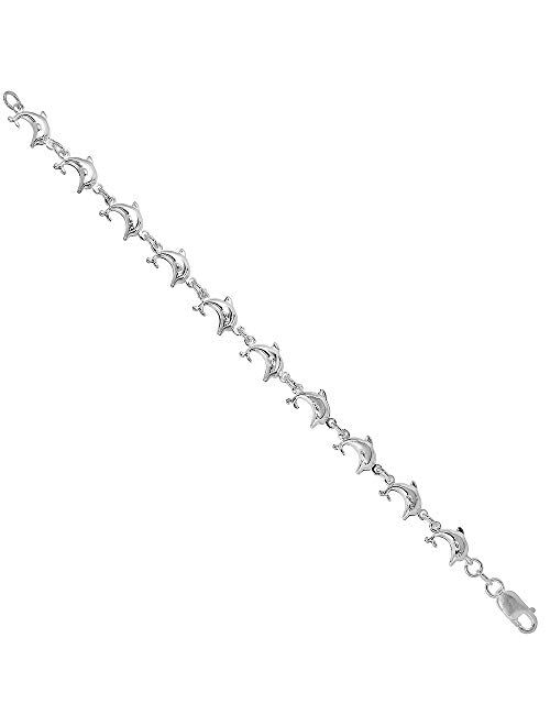 Sterling Silver Puffy Dolphin Bracelet for Women & Girls 7.5 inch long