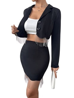 Women's Business Suit 2 Pieces Tweed Blazer Jacket Coat and Skirt Set