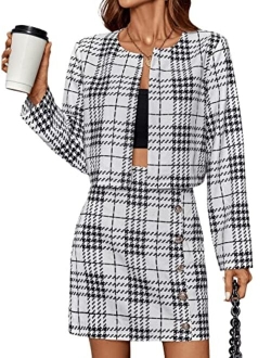 Women's Business Suit 2 Pieces Tweed Blazer Jacket Coat and Skirt Set