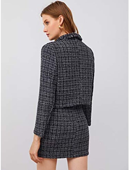 SweatyRocks Women's Business Suit 2 Pieces Tweed Blazer Jacket Coat and Skirt Set