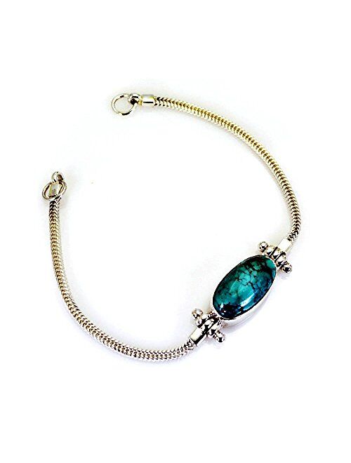 55Carat Natural Oval Cut Cabochon Turquoise Bracelet Bold Look 925 Sterling Silver for Gift Length 6.5-8 Inches