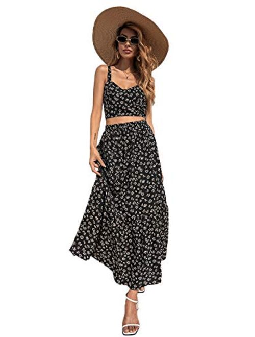 SweatyRocks Women's Boho 2 Piece Outfits Off Shoulder Pleated Crop Top with Wide Leg Pants
