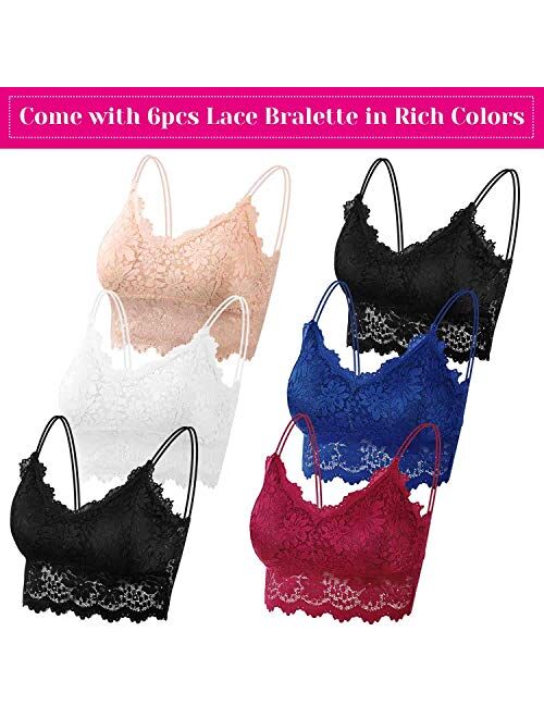 PAXCOO 6 Pcs Lace Bralette for Women, Lace Bralette Padded Lace Bandeau Bra with Straps for Women Girls