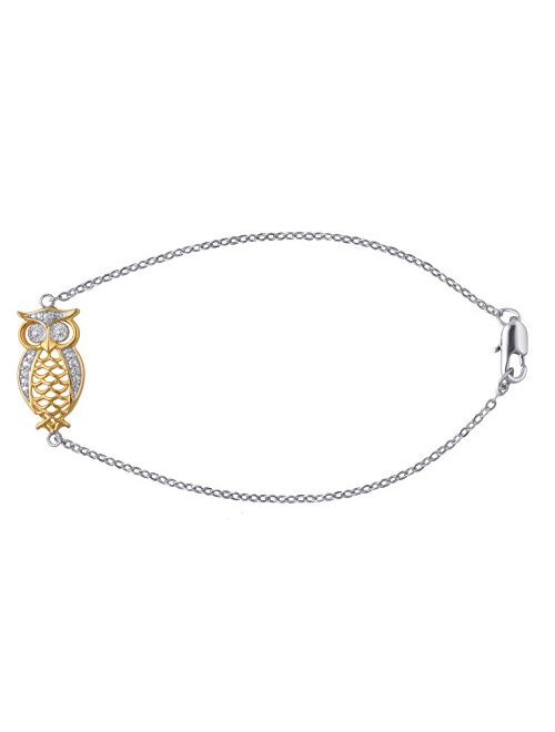 DiamondMuse Fancy Prong Set Diamond Accent Crafted Lucky Charm Owl Bracelet Animal Lover Fashion Jewelry for Women Teen Girls Kids