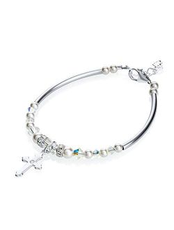 Elegant Sterling Silver Little Girl Banglet Bracelet - with White Swarovski Simmulated Pearls and Silver Cross Charm - Perfect for Birthday Gifts, Baptism Gift (BN03)