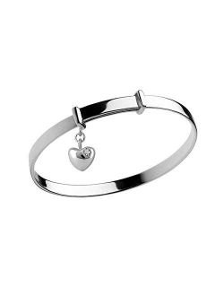 Girl's Silver Simulated April Birthstone Heart Charm Adjustable Bangle Bracelet