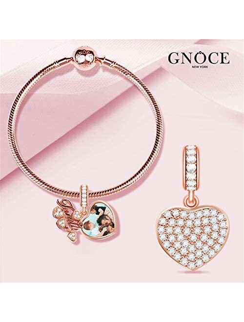 GNOCE Rose Gold Pleated Charm Bracelet Sterling Silver with Custom Photo Charm Pendant "Family Is Life" Snake Chain with Round Clasp