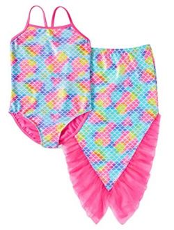 Girls BB Pink Mermaid One-Piece Swimsuit & Skirt Coverup 2-Piece Set