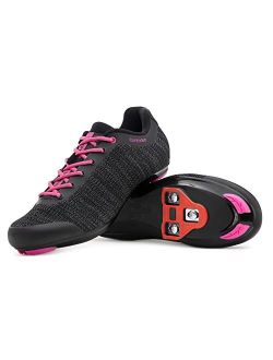 Tommaso Pista Aria Knit Women's Indoor Cycling Class Ready Shoe and Bundle with Compatible Cleat, Look Delta, SPD - Black, Pink, Grey, Blue