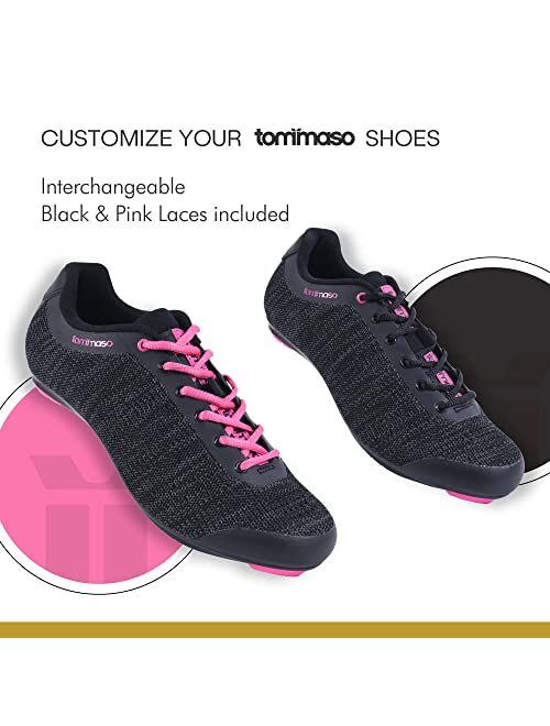 Tommaso Pista Aria Knit Women's Indoor Cycling Class Ready Shoe and Bundle with Compatible Cleat, Look Delta, SPD - Black, Pink, Grey, Blue