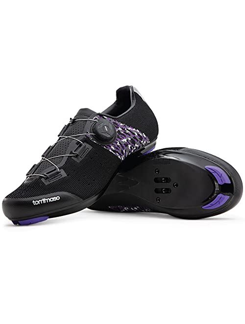 Tommaso Pista Aria Elite Knit Quick Lace Women's Indoor Cycling Ready Cycling Shoe and Bundle with Compatible Cleat, Look Delta, SPD - Black, Purple