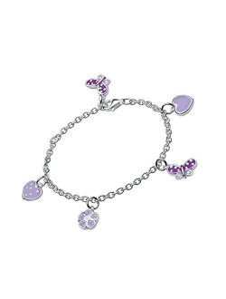 Silver Flower, Heart & Butterfly Charm Bracelet For Girls (5 1/4, 6 1/4 in)