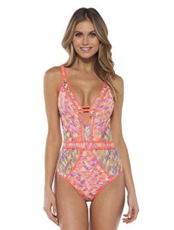 Becca by Rebecca Virtue Women's Show & Tell Crochet Plunge One Piece Swimsuit
