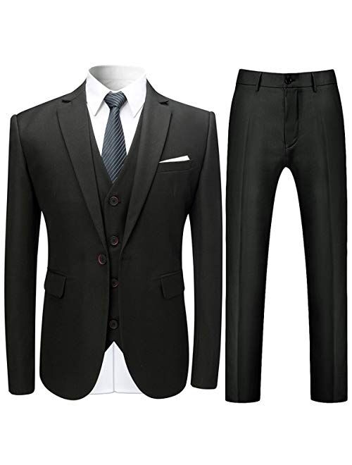 Cloudstyle Men's 3-Piece Suit One Button Slim Fit Solid Color Jacket Smart Wedding Formal Suit
