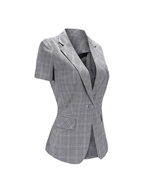 Women's 2 Piece Plaid Suit Set Short Sleeve 1 Button Blazer and Business Suit Pants