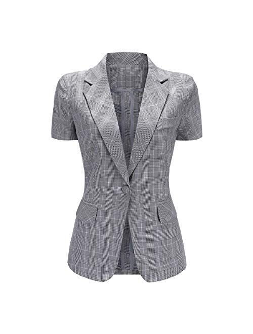 Women's 2 Piece Plaid Suit Set Short Sleeve 1 Button Blazer and Business Suit Pants