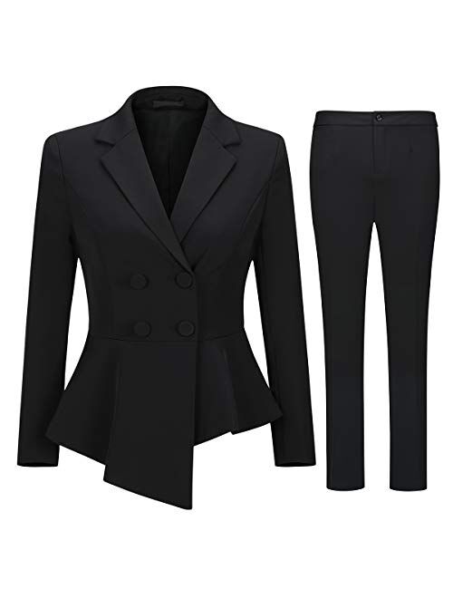 YUNCLOS Women's Double Breasted 2 Piece Suit Set 2 Button Blazer Jacket and Pants