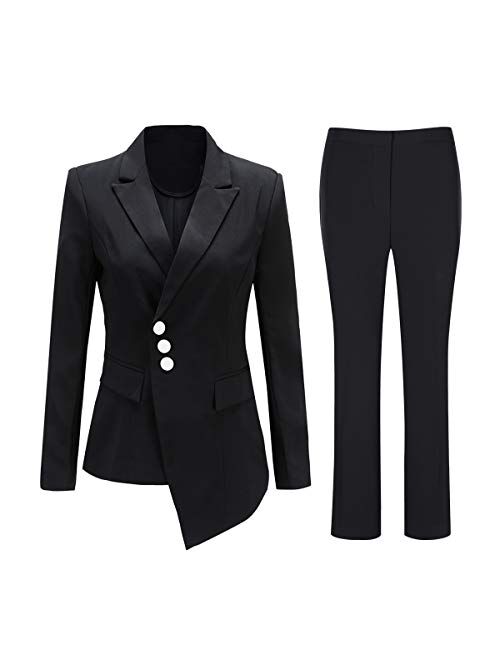 Women's Slim Fit Three Button Suit Jacket and Dress Pants Business 2 Piece Suit Set
